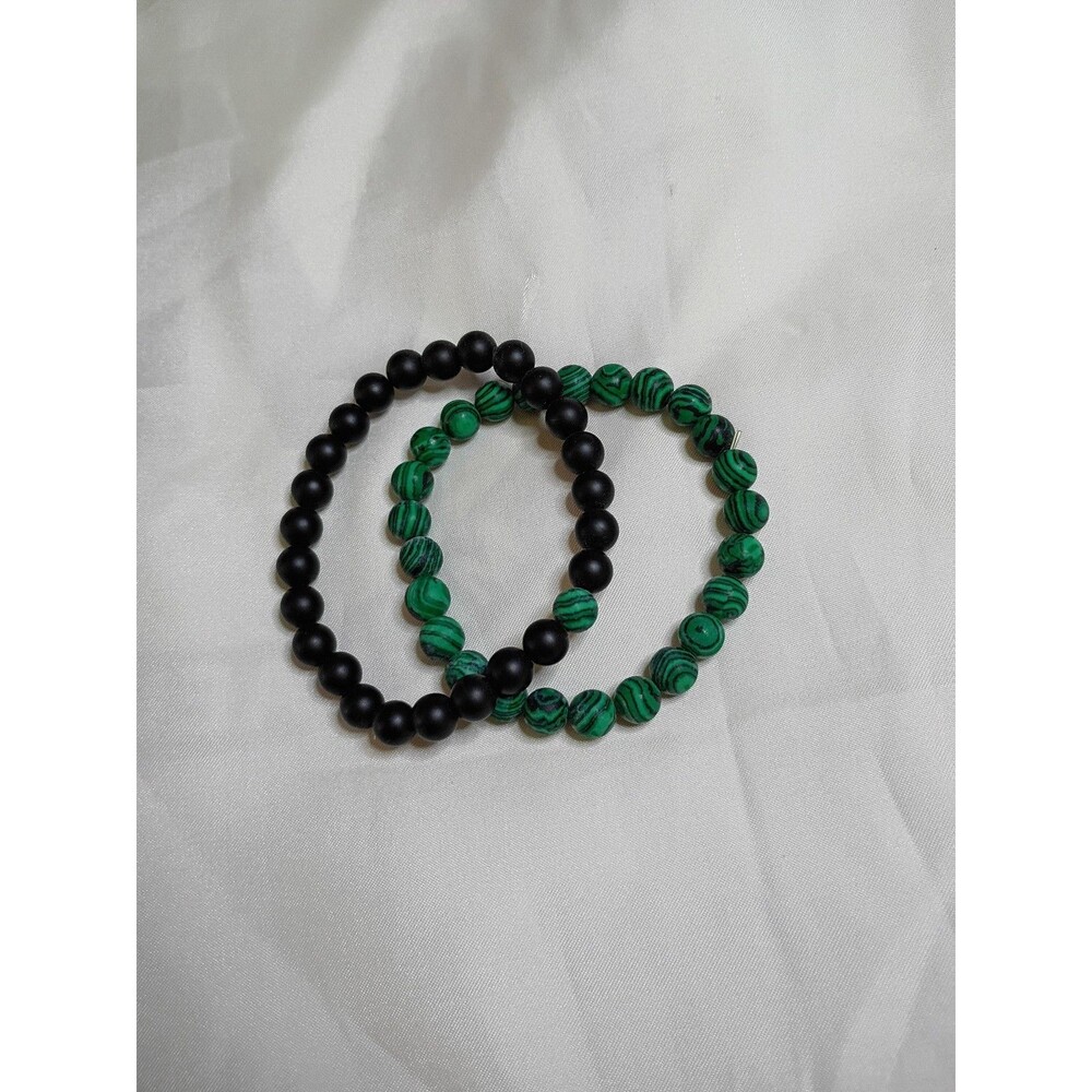 Lot of 2 Beaded Stretch Bracelets - Malachite Green + Matte Black